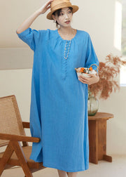 Bohemian Blue O Neck Patchwork Linen Dresses Bracelet Sleeve