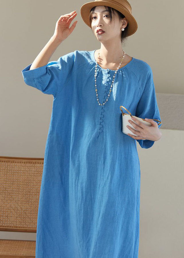 Bohemian Blue O Neck Patchwork Linen Dresses Bracelet Sleeve