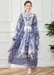 Bohemian Blue O-Neck Print Chiffon Maxi Dress Cloak Sleeves