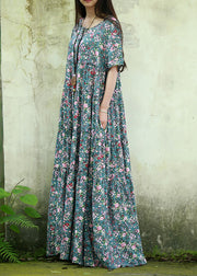 Bohemian Blue O Neck Print Patchwork Cotton Maxi Dress Summer