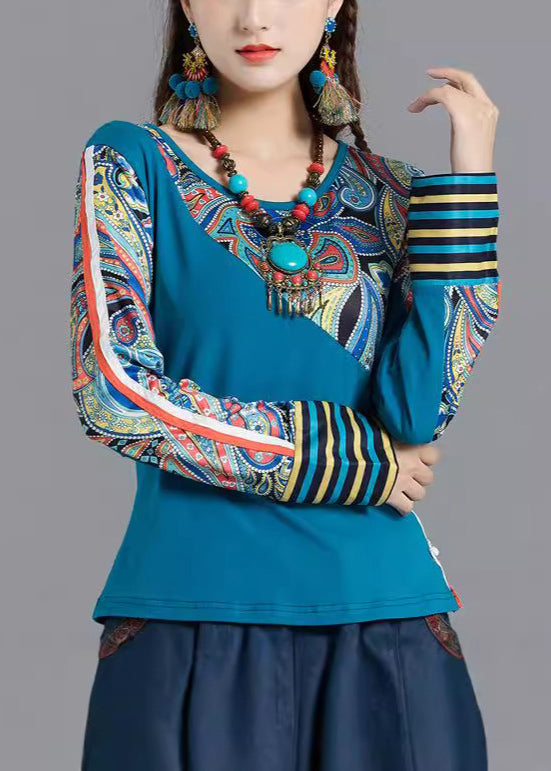 Bohemian Blue O Neck Print Patchwork Cotton Tops Spring