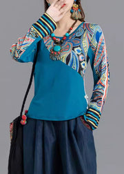 Bohemian Blue O Neck Print Patchwork Cotton Tops Spring