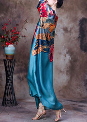 Bohemian Blue O-Neck Print Silk Party Dress Long Sleeve