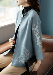 Bohemian Blue O-Neck Print Woolen Loose Coat Long Sleeve