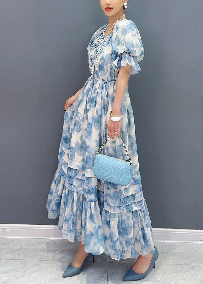 Bohemian Blue O-Neck Ruffled Patchwork Print Chiffon Maxi Dresses Summer