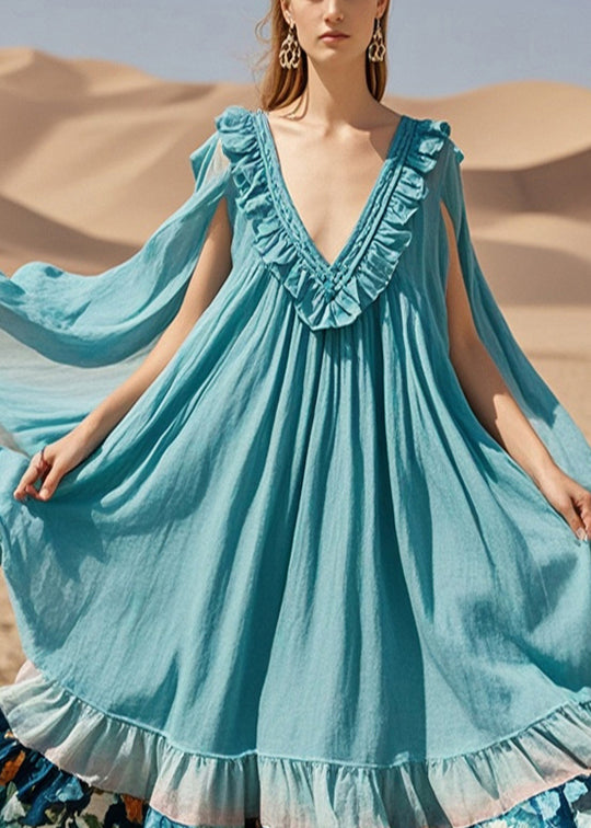 Bohemian Blue Oversized Patchwork Cotton Maxi Dress Summer