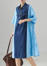 Bohemian Blue Oversized Patchwork Striped Denim Dresses Summer