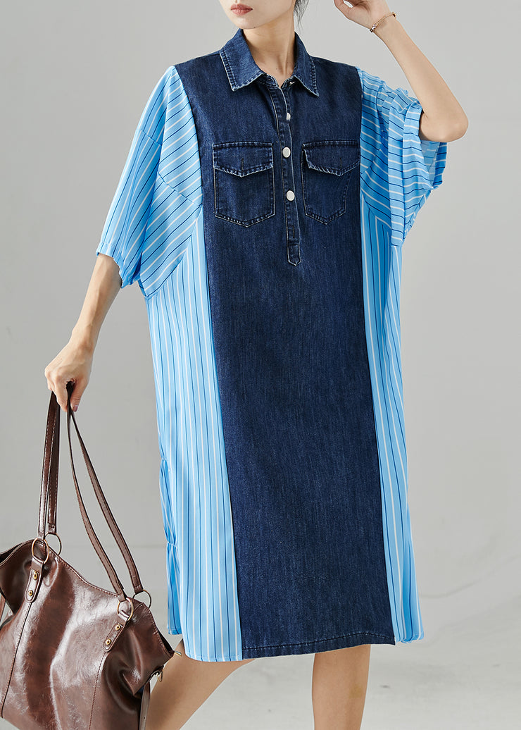 Bohemian Blue Oversized Patchwork Striped Denim Dresses Summer