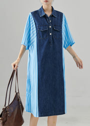 Bohemian Blue Oversized Patchwork Striped Denim Dresses Summer