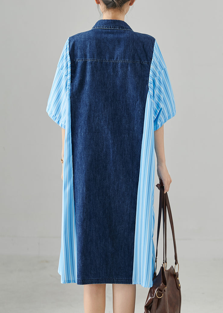 Bohemian Blue Oversized Patchwork Striped Denim Dresses Summer