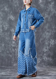 Bohemian Blue Oversized Patchwork Tassel Denim Two-Piece Set Spring