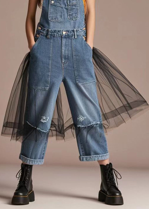 Bohemian Blue Oversized Patchwork Tulle Denim Jumpsuit Summer