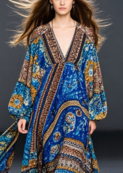 Bohemian Blue Oversized Print Cotton Maxi Dresses Fall