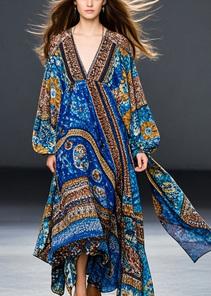 Bohemian Blue Oversized Print Cotton Maxi Dresses Spring