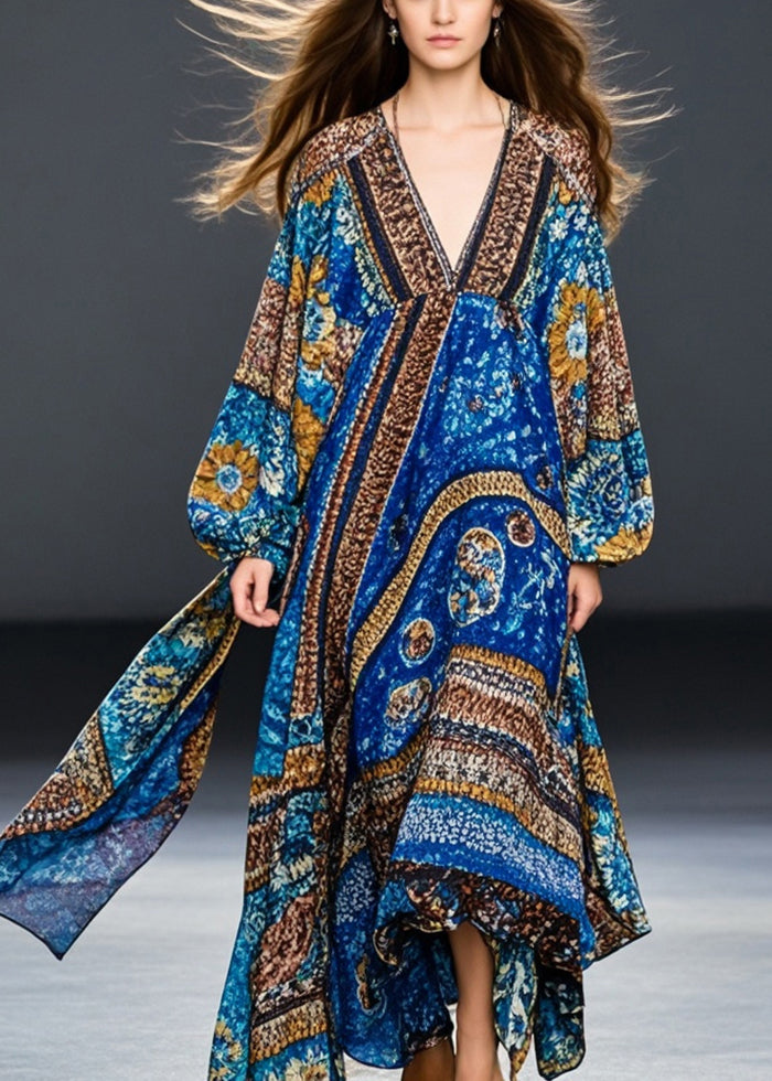 Bohemian Blue Oversized Print Cotton Maxi Dresses Spring