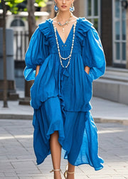 Bohemian Blue Oversized Ruffles Cotton Long Dress Fall