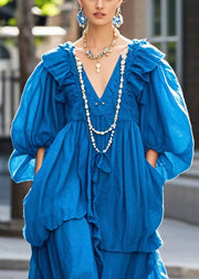 Bohemian Blue Oversized Ruffles Cotton Long Dress Spring