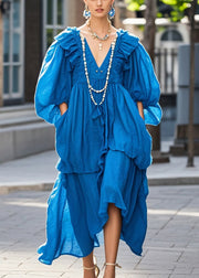 Bohemian Blue Oversized Ruffles Cotton Long Dress Fall