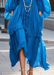 Bohemian Blue Oversized Ruffles Cotton Long Dress Fall