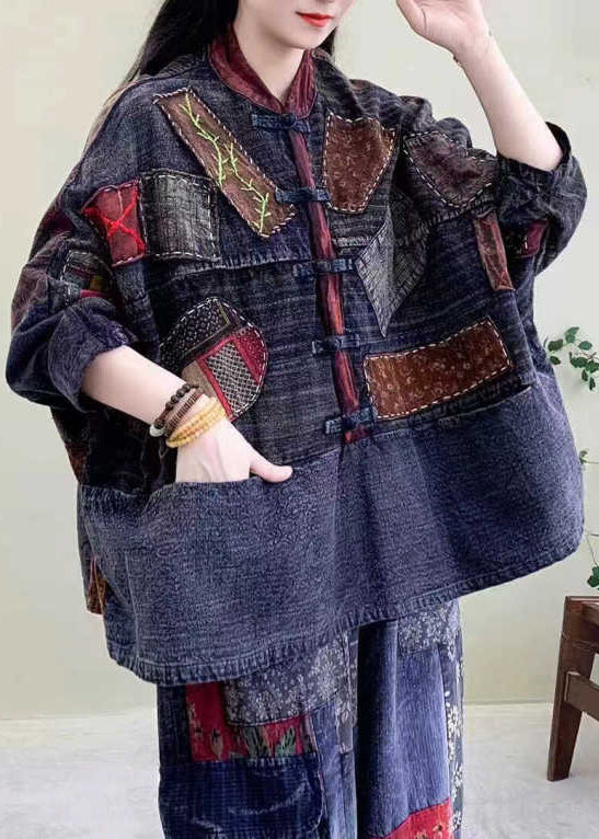 Bohemian Blue Patch Pockets Oriental Button Cotton Jackets Spring