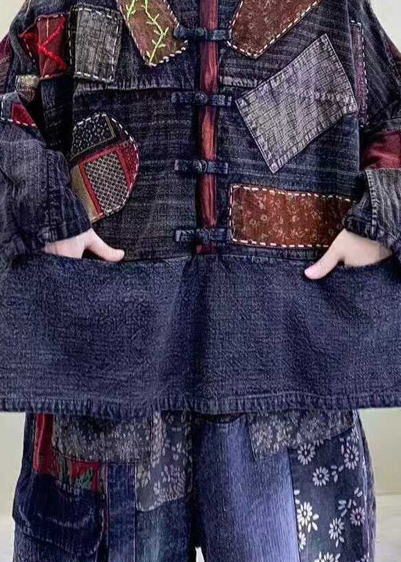 Bohemian Blue Patch Pockets Oriental Button Cotton Jackets Spring