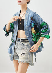 Bohemian Blue Peacock Sequins Elastic Waist Denim Coats Fall