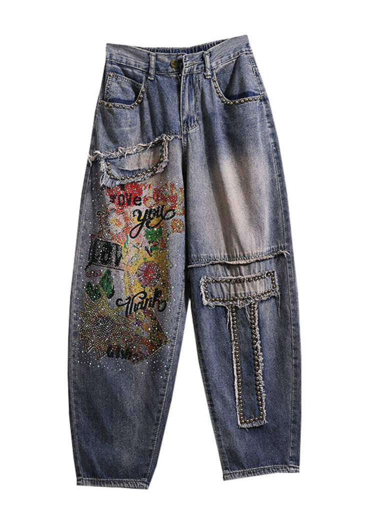 Bohemian Blue Pockets DIY Zircon Rivet Denim Pants Spring