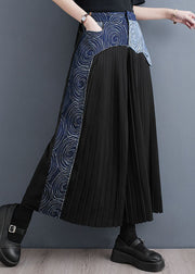 Bohemian Blue Pockets Wrinkled Denim Patchwork Cotton Wide Leg Pants Skirt Summer