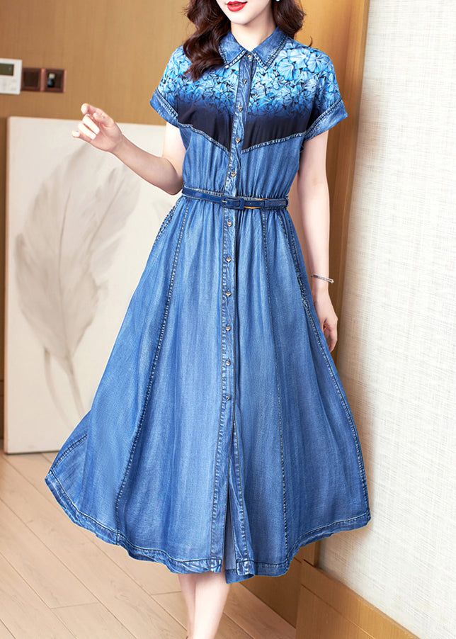 Bohemian Blue Print Pockets Patchwork Denim Dress Summer