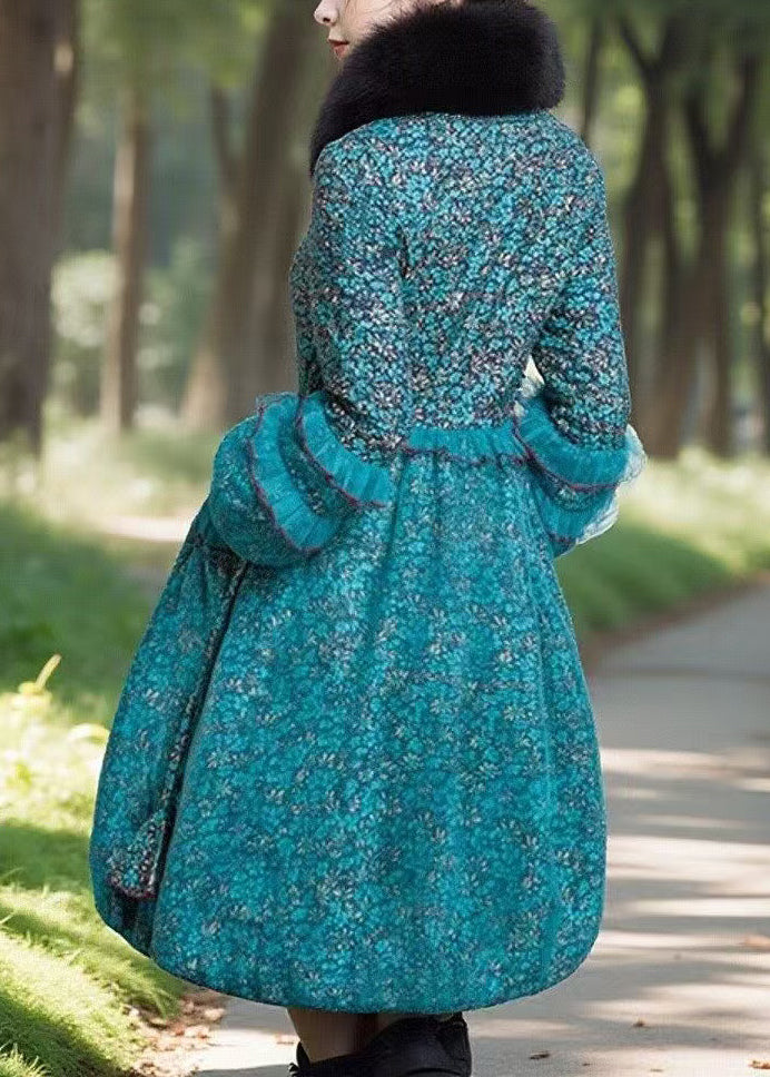 Bohemian Blue Print Ruffled Patchwork Fine Cotton Filled Coat Winter