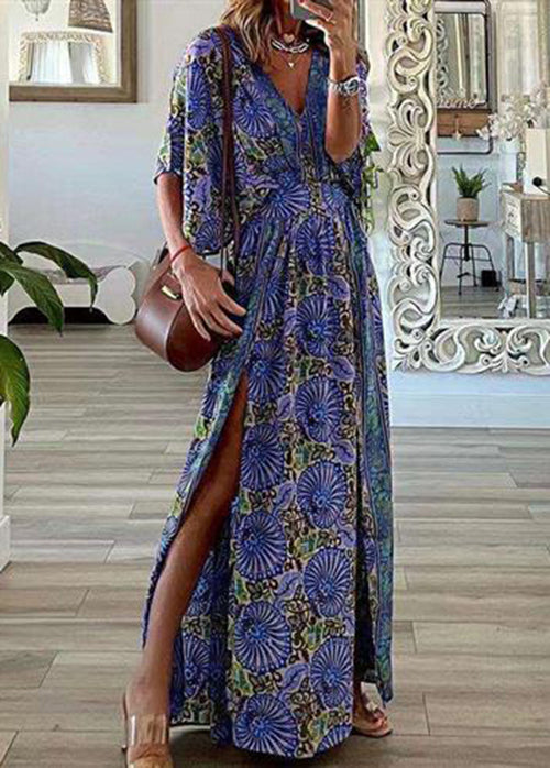 Bohemian Blue Print Side Open Cotton Beach Dress Summer