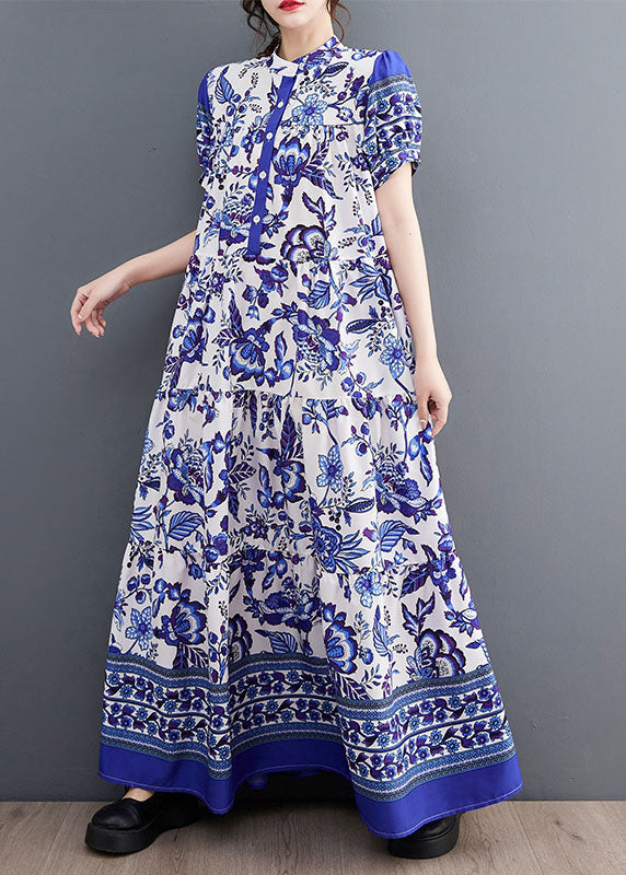 Bohemian Blue Print Stand Collar Chiffon Long Dress Lantern Sleeve