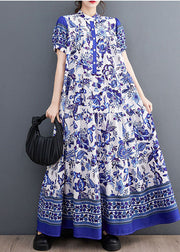 Bohemian Blue Print Stand Collar Chiffon Long Dress Lantern Sleeve