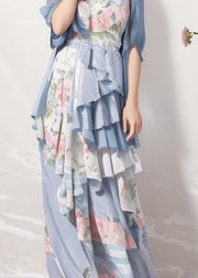Bohemian Blue Ruffled Print Patchwork Silk Dresses Summer