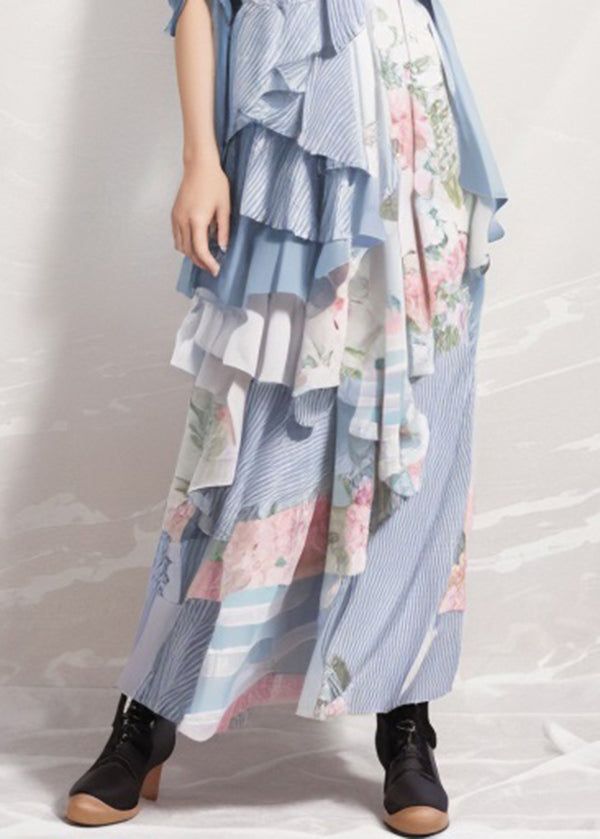 Bohemian Blue Ruffled Print Patchwork Silk Dresses Summer