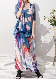 Bohemian Blue Ruffled Print Patchwork Silk Long Dresses Summer