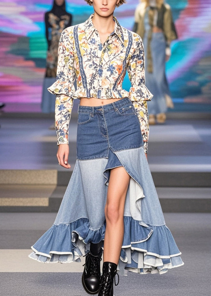 Bohemian Blue Ruffles Patchwork Side Open Denim Skirts Spring