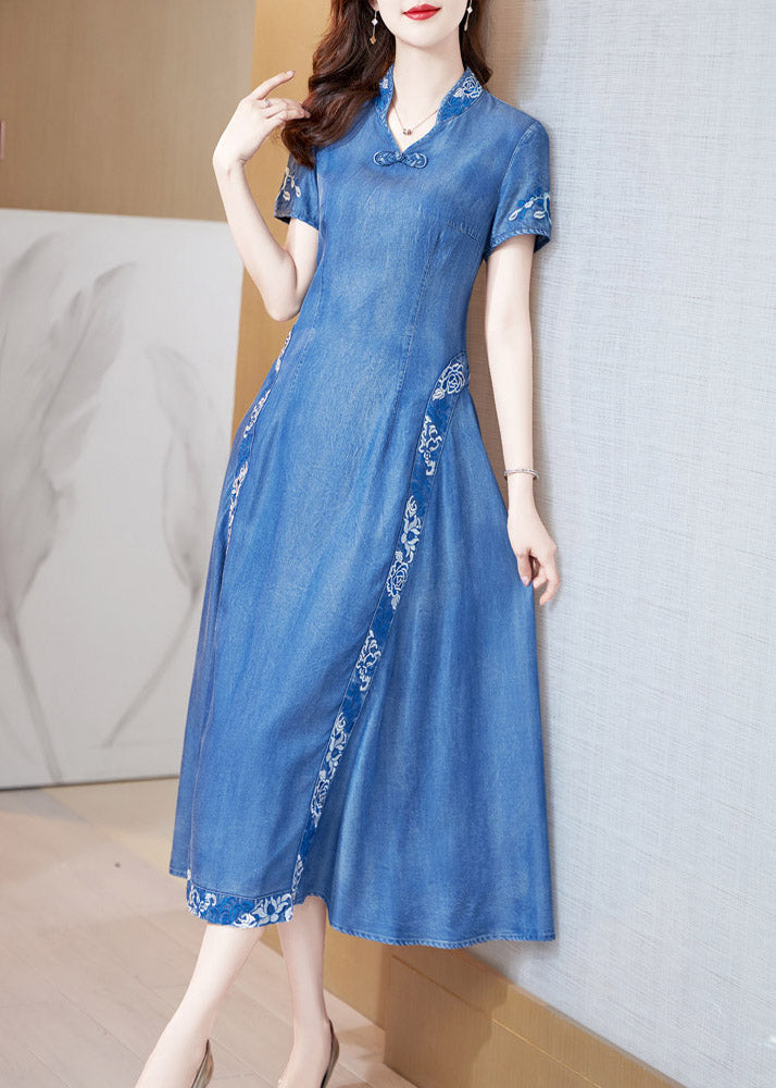 Bohemian Blue Stand Collar Embroideried Butto Silk Denim Maxi Dresses Short Sleeve