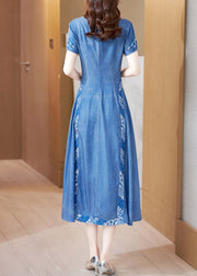 Bohemian Blue Stand Collar Embroideried Butto Silk Denim Maxi Dresses Short Sleeve