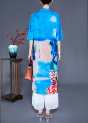 Bohemian Blue Stand Collar Oversized Print Silk Two Pieces Set Summer