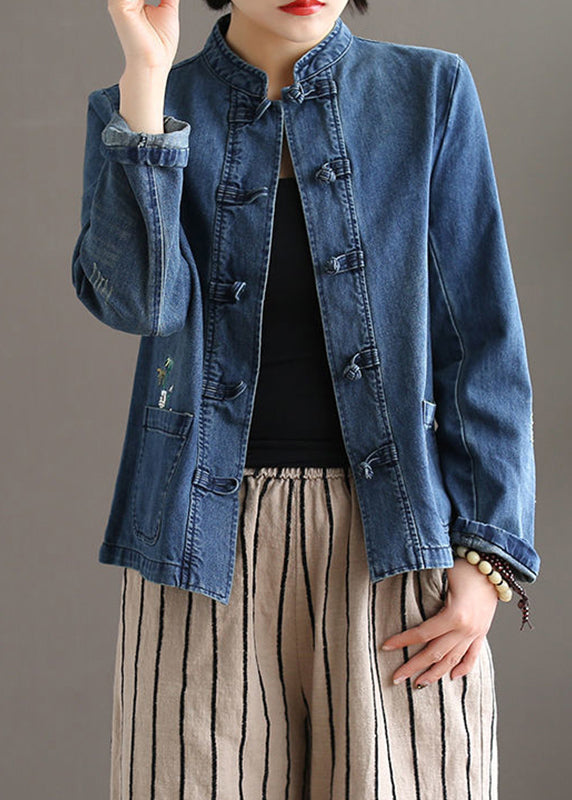 Bohemian Blue Stand Collar Pockets Patchwork Button Denim Coats Fall