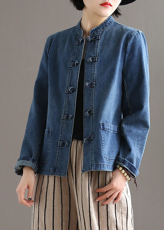 Bohemian Blue Stand Collar Pockets Patchwork Button Denim Coats Fall