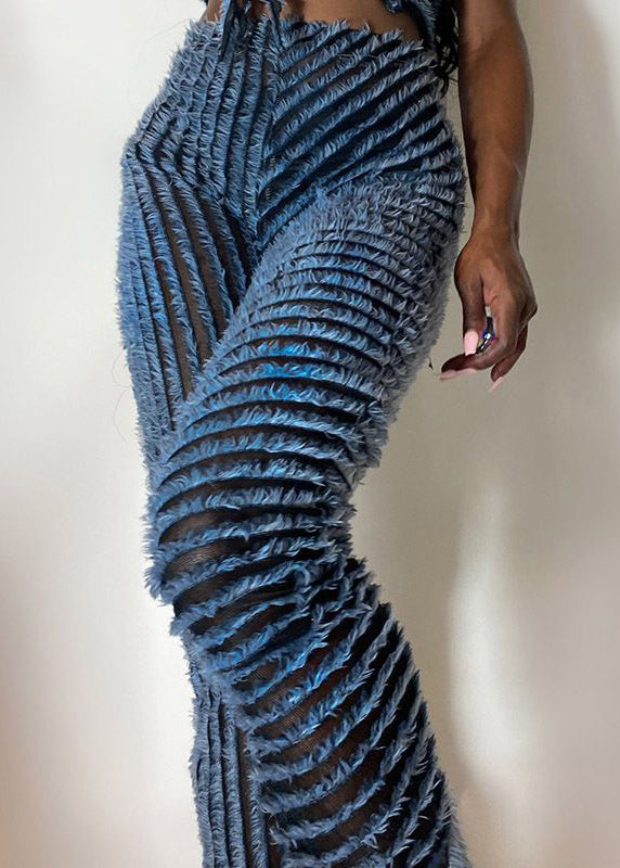 Bohemian Blue Striped Fluffy High Waist Knit Flared Trousers Spring