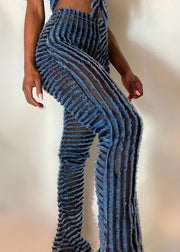 Bohemian Blue Striped Fluffy High Waist Knit Flared Trousers Spring