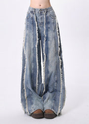 Bohemian Blue Tasseled Patchwork Denim Straight Pants Spring