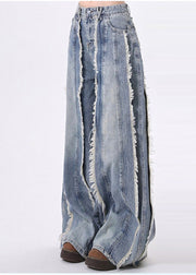 Bohemian Blue Tasseled Patchwork Denim Straight Pants Spring