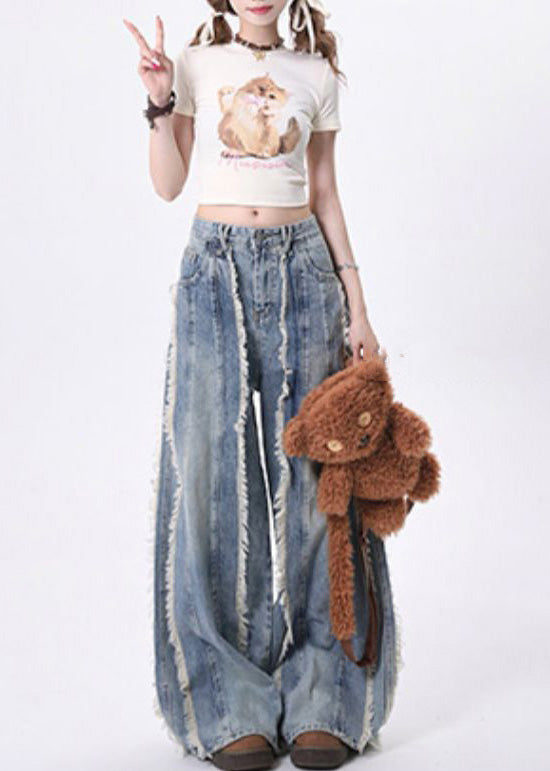 Bohemian Blue Tasseled Patchwork Denim Straight Pants Spring