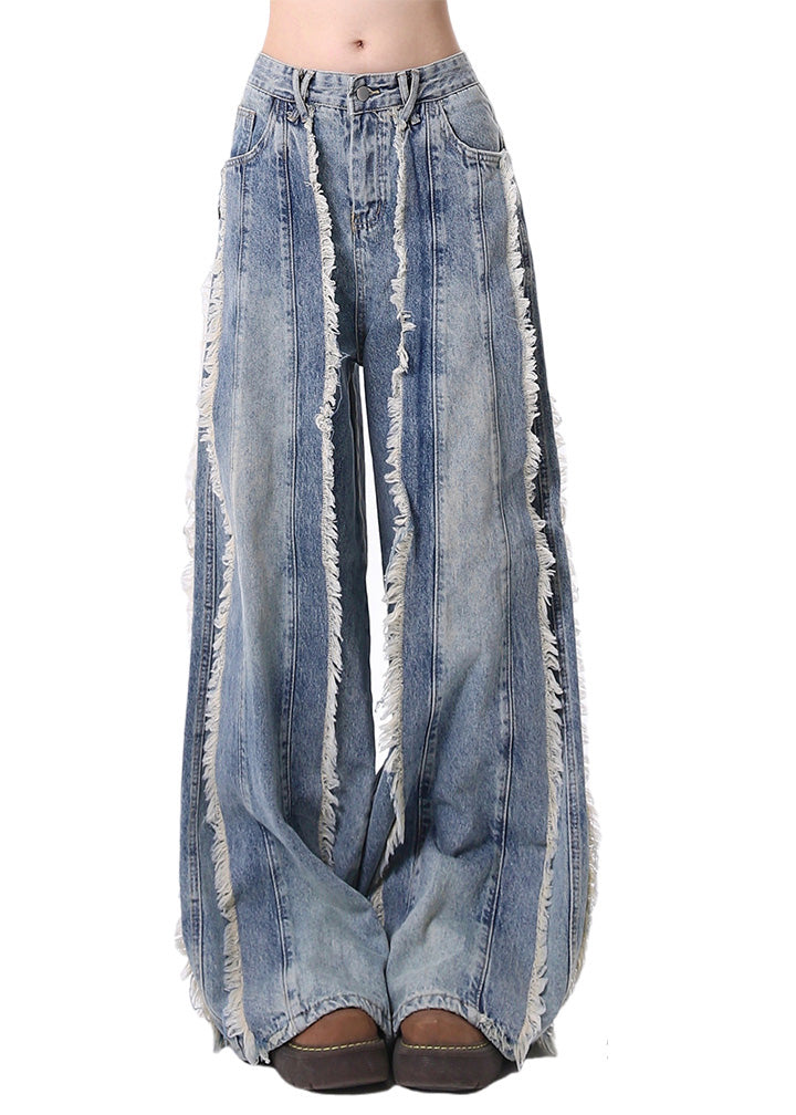 Bohemian Blue Tasseled Patchwork Denim Straight Pants Spring