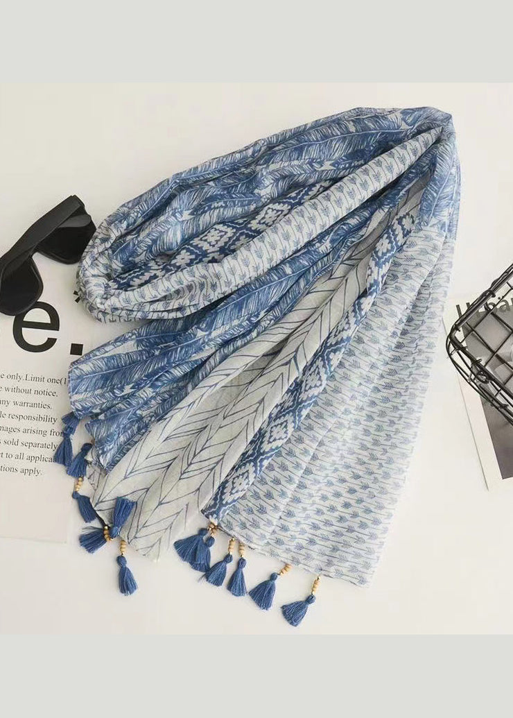 Bohemian Blue Tasseled Print Cotton Scarf