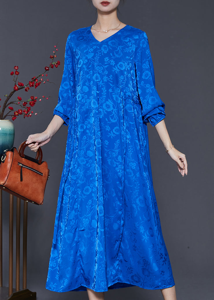 Bohemian Blue Tie Waist Print Silk Dress Spring